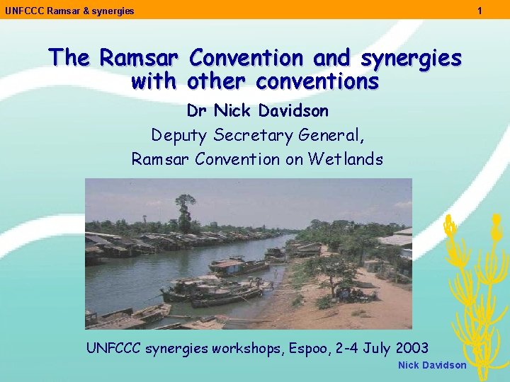 UNFCCC Ramsar & synergies 1 The Ramsar Convention and synergies with other conventions Dr