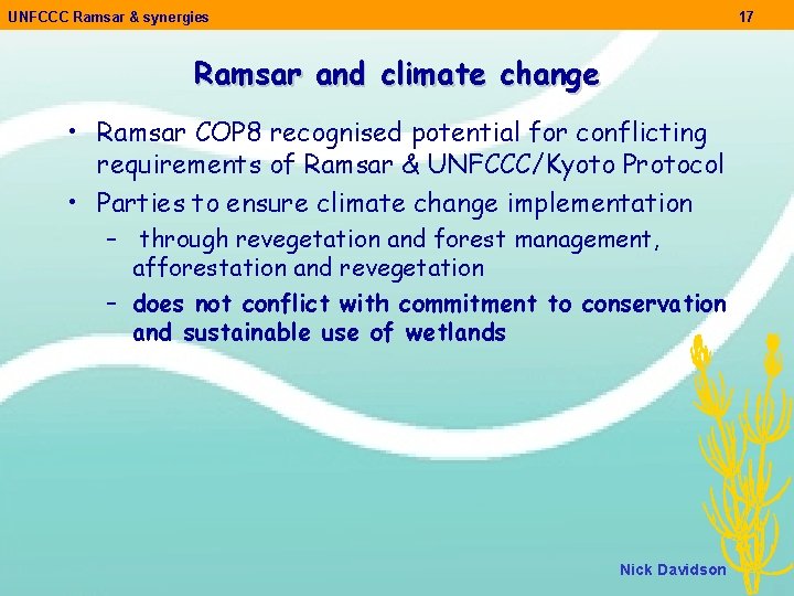 UNFCCC Ramsar & synergies 17 Ramsar and climate change • Ramsar COP 8 recognised