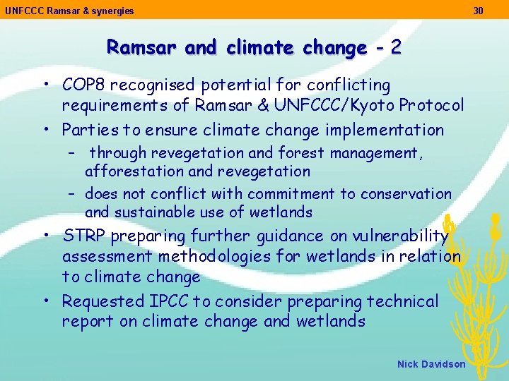 UNFCCC Ramsar & synergies 30 Ramsar and climate change - 2 • COP 8
