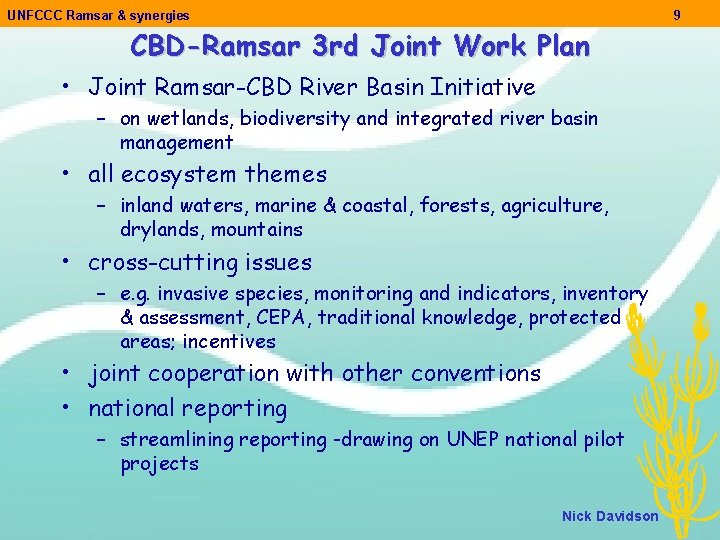 UNFCCC Ramsar & synergies 9 CBD-Ramsar 3 rd Joint Work Plan • Joint Ramsar-CBD