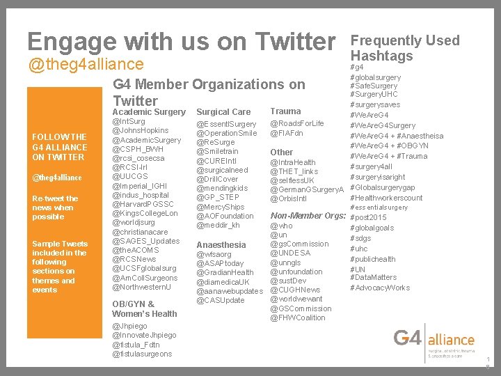 Engage with us on Twitter @theg 4 alliance Frequently Used Hashtags #g 4 #globalsurgery