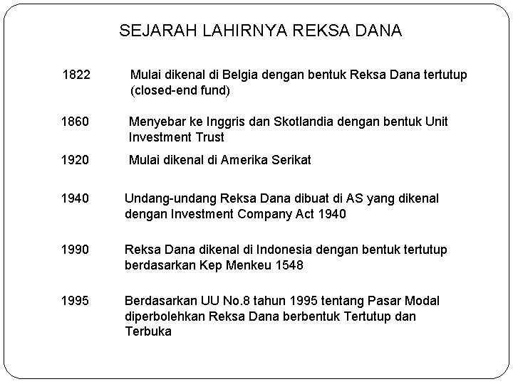 SEJARAH LAHIRNYA REKSA DANA 1822 Mulai dikenal di Belgia dengan bentuk Reksa Dana tertutup