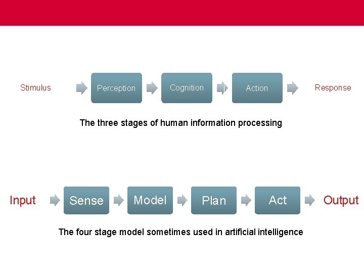 Stimulus Perception Cognition Response Action The three stages of human information processing Input Sense