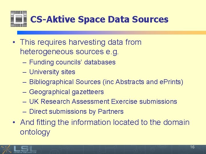 CS-Aktive Space Data Sources • This requires harvesting data from heterogeneous sources e. g.