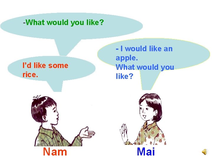 -What would you like? I’d like some rice. Nam - I would like an