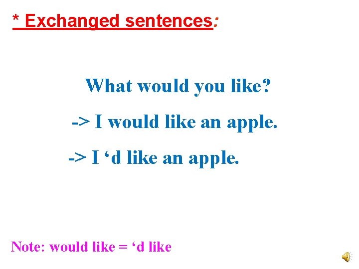 * Exchanged sentences: What would you like? -> I would like an apple. ->