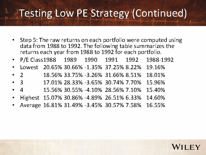 Testing Low PE Strategy (Continued) • Step 5: The raw returns on each portfolio