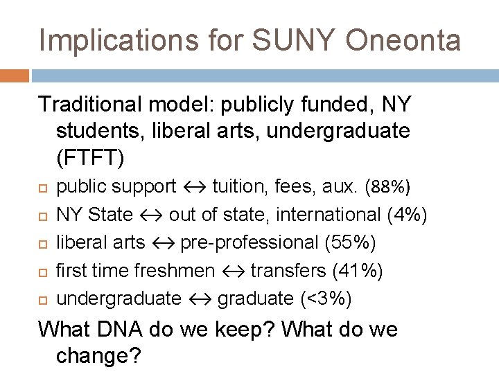Implications for SUNY Oneonta Traditional model: publicly funded, NY students, liberal arts, undergraduate (FTFT)