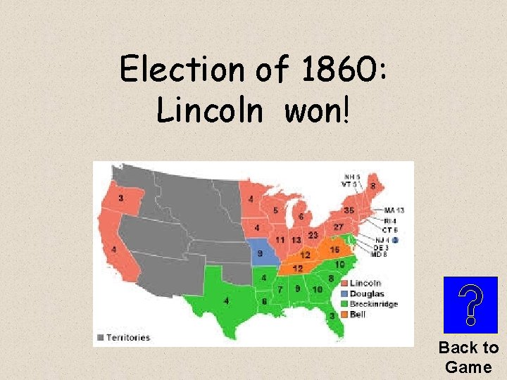 Election of 1860: Lincoln won! Back to Game 
