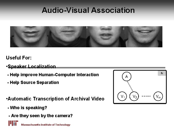 Audio-Visual Association Useful For: • Speaker Localization - Help improve Human-Computer Interaction - Help