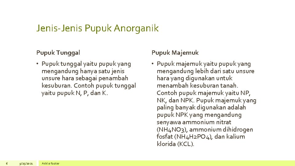 Jenis-Jenis Pupuk Anorganik 6 9/25/2021 Pupuk Tunggal Pupuk Majemuk • Pupuk tunggal yaitu pupuk