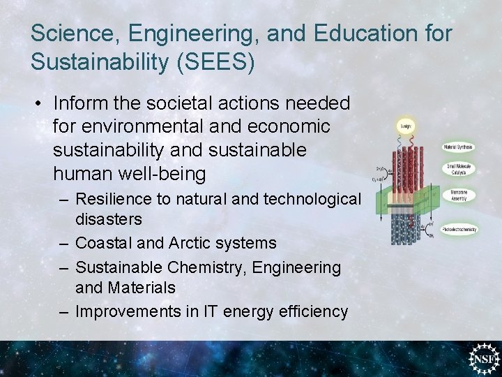 Science, Engineering, and Education for Sustainability (SEES) • Inform the societal actions needed for