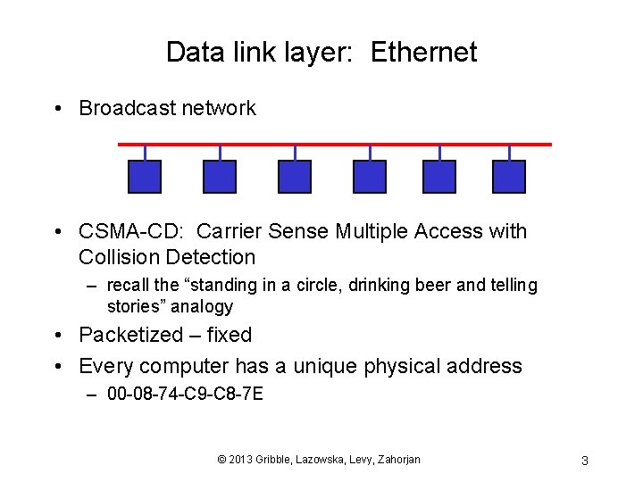 Data link layer: Ethernet • Broadcast network • CSMA-CD: Carrier Sense Multiple Access with