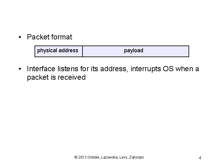  • Packet format physical address payload • Interface listens for its address, interrupts