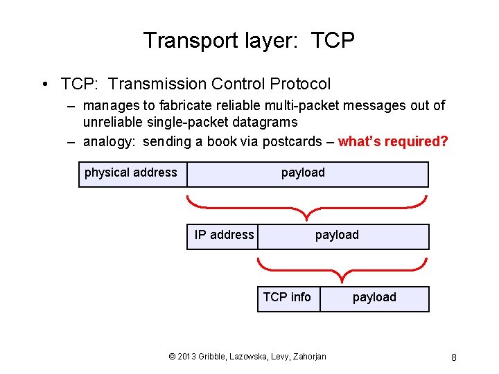 Transport layer: TCP • TCP: Transmission Control Protocol – manages to fabricate reliable multi-packet