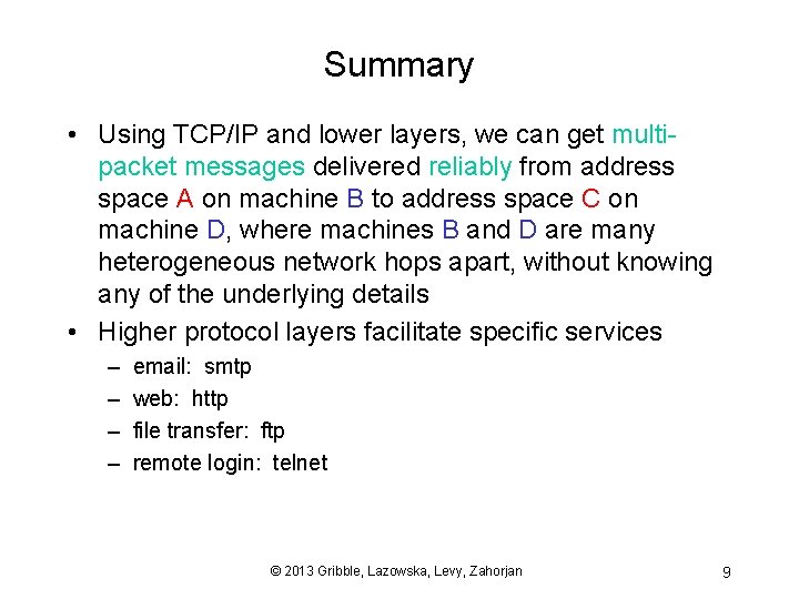Summary • Using TCP/IP and lower layers, we can get multipacket messages delivered reliably