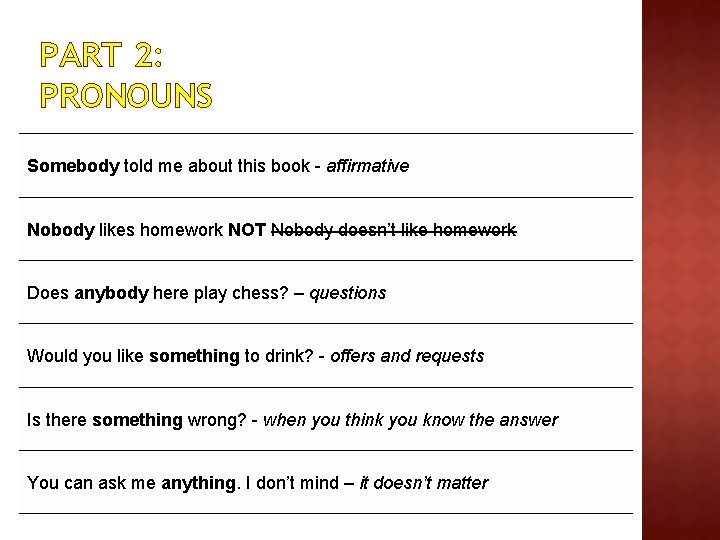 PART 2: PRONOUNS Somebody told me about this book - affirmative Nobody likes homework