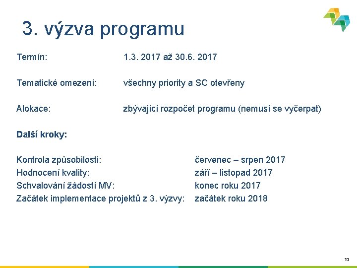3. výzva programu Termín: 1. 3. 2017 až 30. 6. 2017 Tematické omezení: všechny