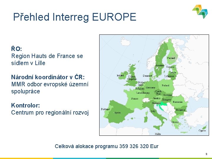 Přehled Interreg EUROPE ŘO: Region Hauts de France se sídlem v Lille Národní koordinátor