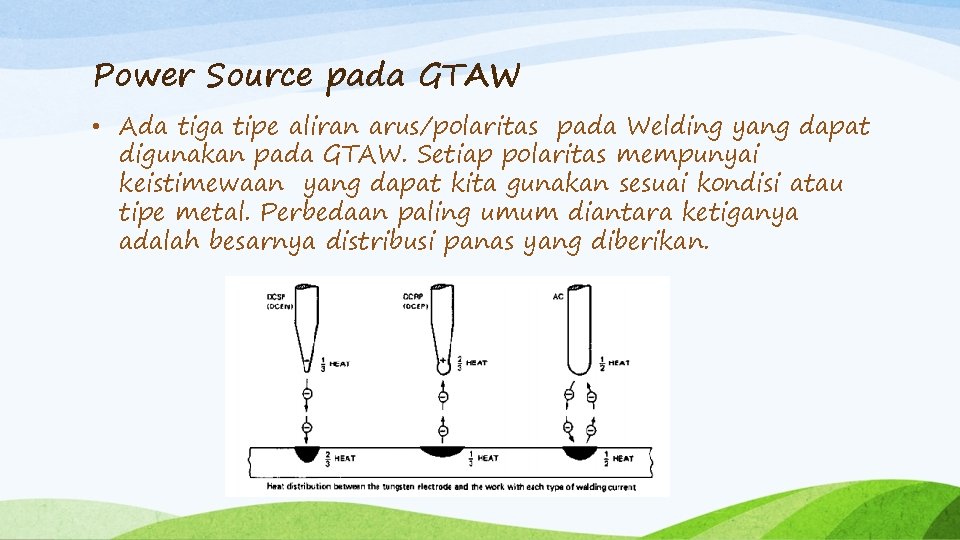 Power Source pada GTAW • Ada tiga tipe aliran arus/polaritas pada Welding yang dapat