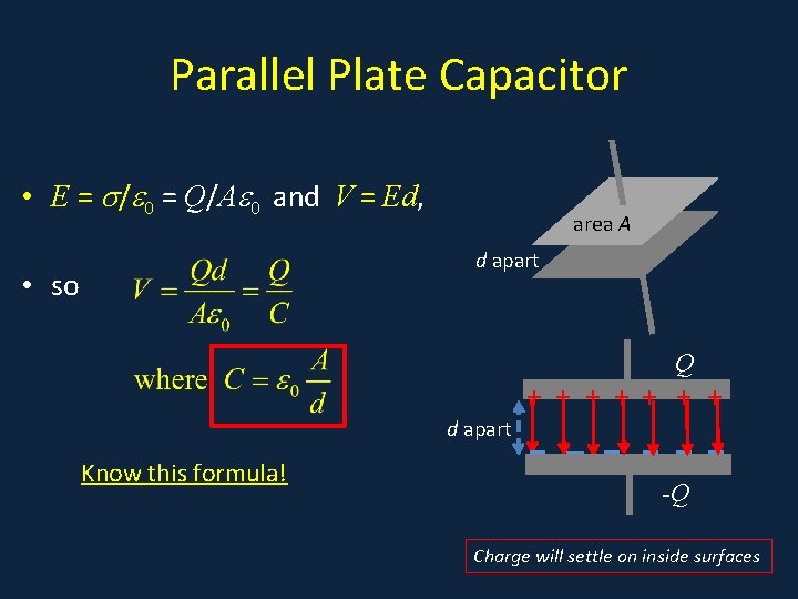 Parallel Plate Capacitor • a • E = / 0 = Q/A 0 and Parallel Plate Capacitor • a • E = / 0 = Q/A 0 and