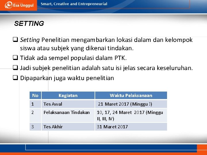 SETTING q Setting Penelitian mengambarkan lokasi dalam dan kelompok siswa atau subjek yang dikenai