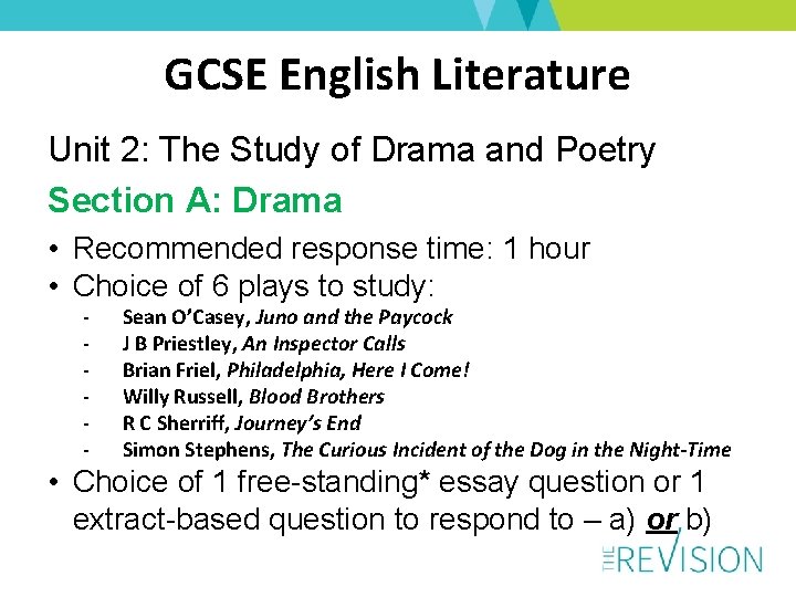 GCSE English Literature Unit 2: The Study of Drama and Poetry Section A: Drama