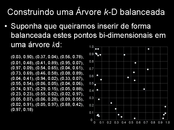 Construindo uma Árvore k-D balanceada • Suponha queiramos inserir de forma balanceada estes pontos