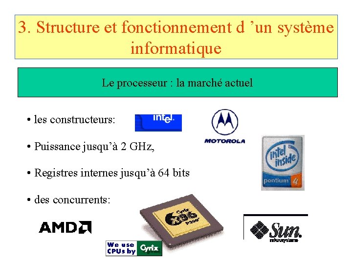 3. Structure et fonctionnement d ’un système informatique Le processeur : la marché actuel