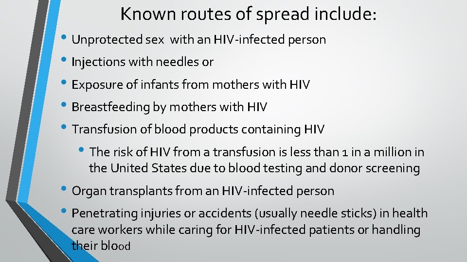 Known routes of spread include: • Unprotected sex with an HIV-infected person • Injections