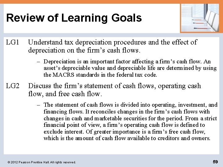 Review of Learning Goals LG 1 Understand tax depreciation procedures and the effect of