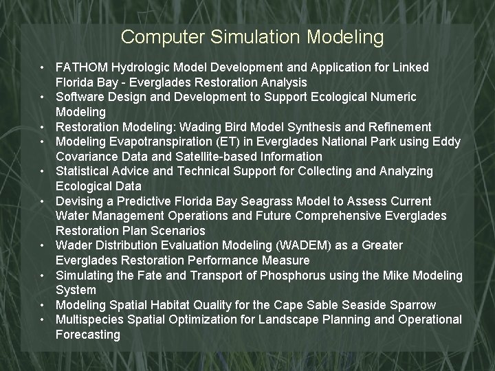 Computer Simulation Modeling • FATHOM Hydrologic Model Development and Application for Linked Florida Bay