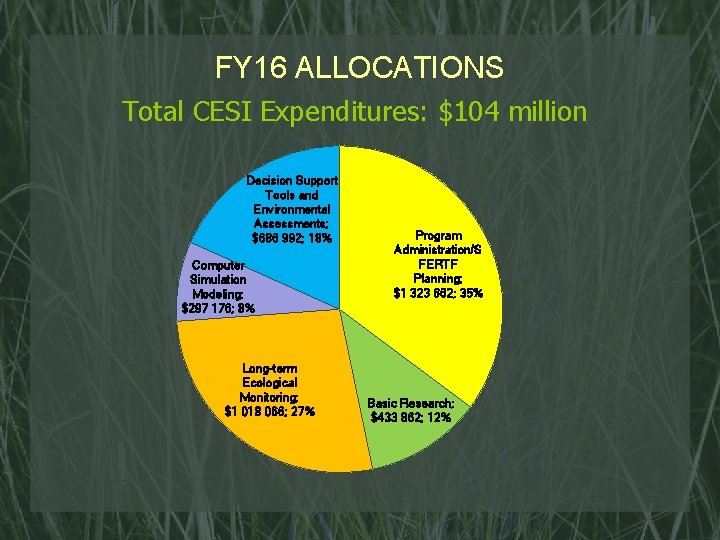 FY 16 ALLOCATIONS Total CESI Expenditures: $104 million Decision Support Tools and Environmental Assessments;