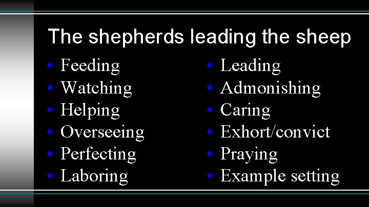 The shepherds leading the sheep • • • Feeding Watching Helping Overseeing Perfecting Laboring