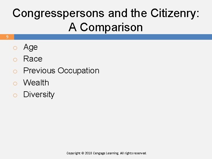 Congresspersons and the Citizenry: A Comparison 9 o o o Age Race Previous Occupation