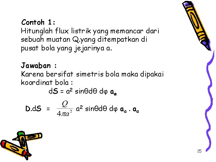 Contoh 1: Hitunglah flux listrik yang memancar dari sebuah muatan Q. yang ditempatkan di