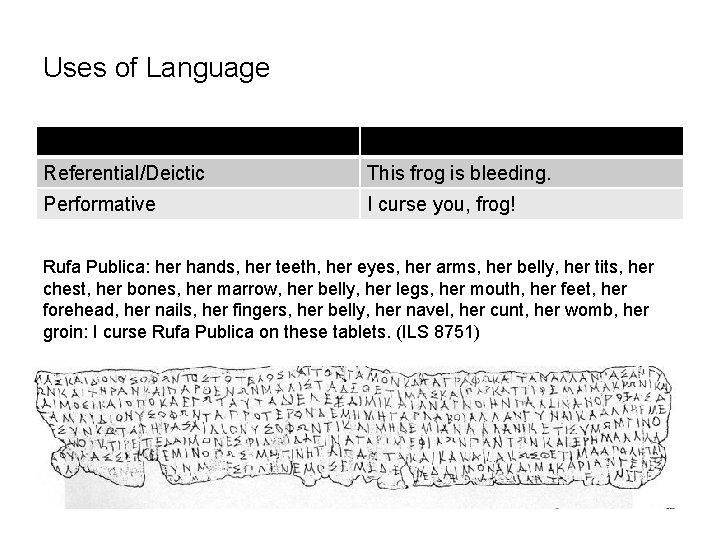Uses of Language Referential/Deictic This frog is bleeding. Performative I curse you, frog! Rufa