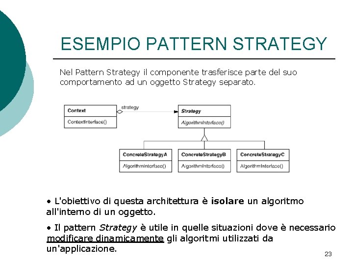 ESEMPIO PATTERN STRATEGY Nel Pattern Strategy il componente trasferisce parte del suo comportamento ad