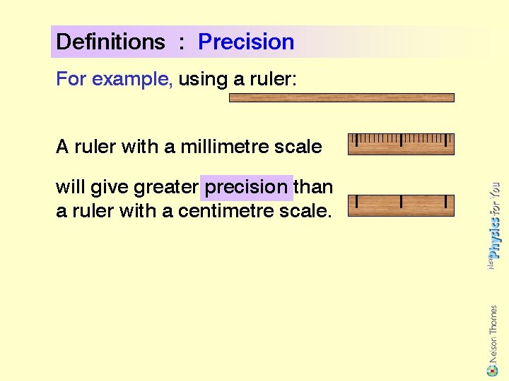 Definitions : Precision For example, using a ruler: A ruler with a millimetre scale