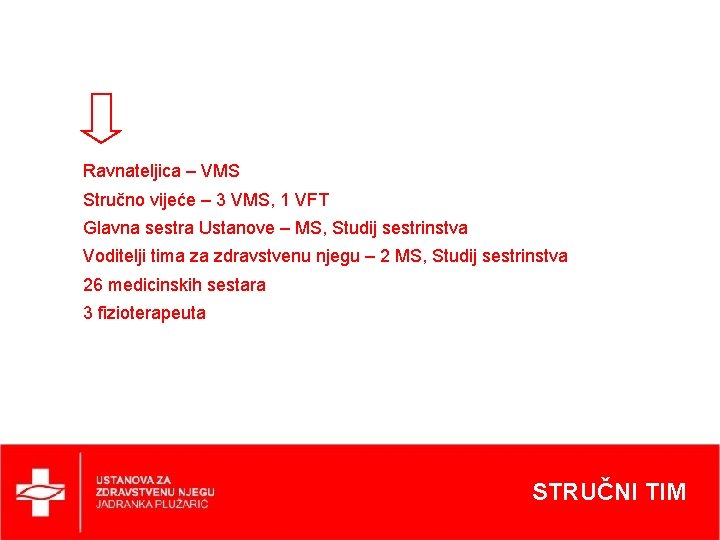 Ravnateljica – VMS Stručno vijeće – 3 VMS, 1 VFT Glavna sestra Ustanove –