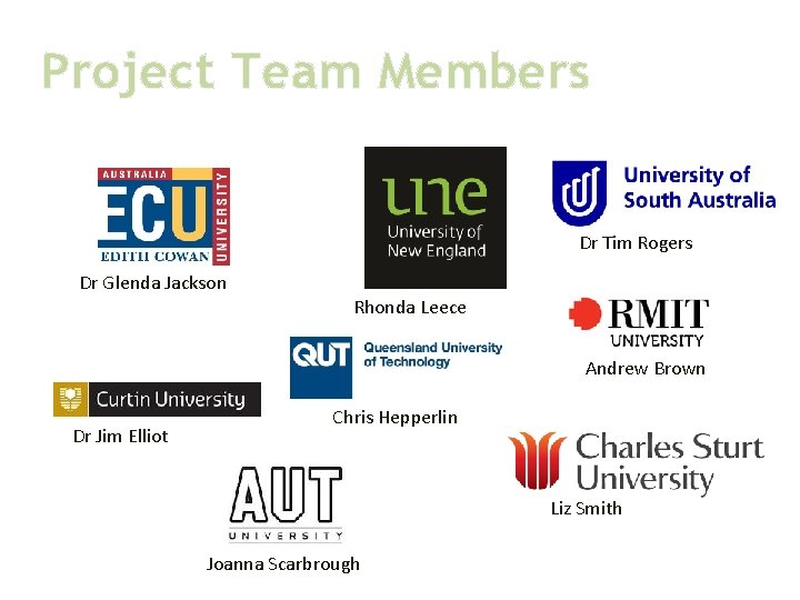 Project Team Members Dr Tim Rogers Dr Glenda Jackson Rhonda Leece Andrew Brown Dr