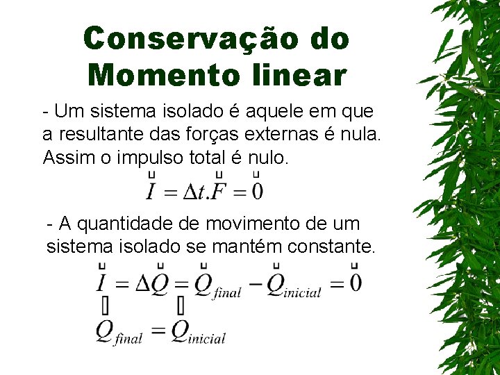 Conservação do Momento linear - Um sistema isolado é aquele em que a resultante