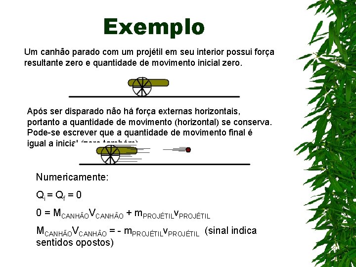 Exemplo Um canhão parado com um projétil em seu interior possui força resultante zero