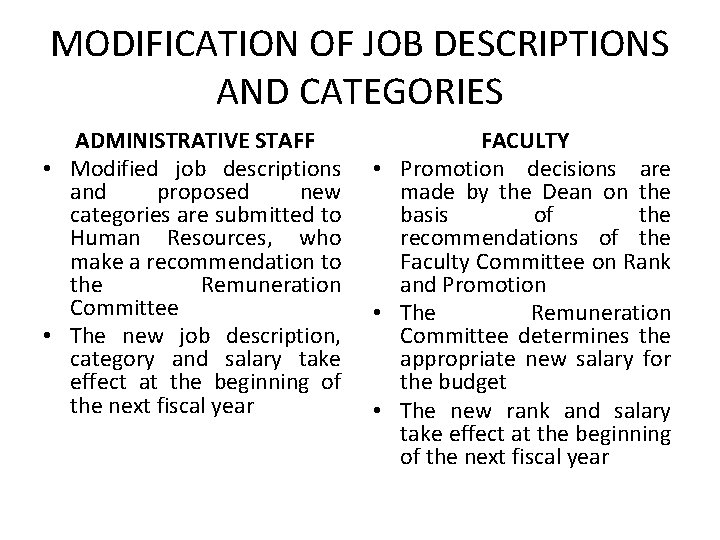 MODIFICATION OF JOB DESCRIPTIONS AND CATEGORIES ADMINISTRATIVE STAFF • Modified job descriptions and proposed