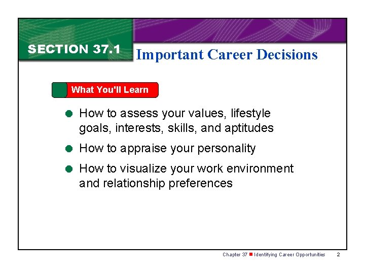 SECTION 37. 1 Important Career Decisions What You'll Learn = How to assess your