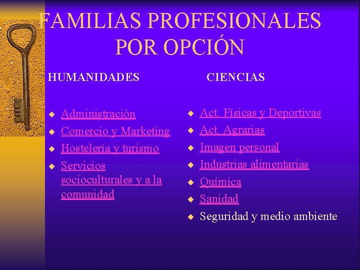 FAMILIAS PROFESIONALES POR OPCIÓN HUMANIDADES CIENCIAS ¨ Administración ¨ Act. Físicas y Deportivas ¨