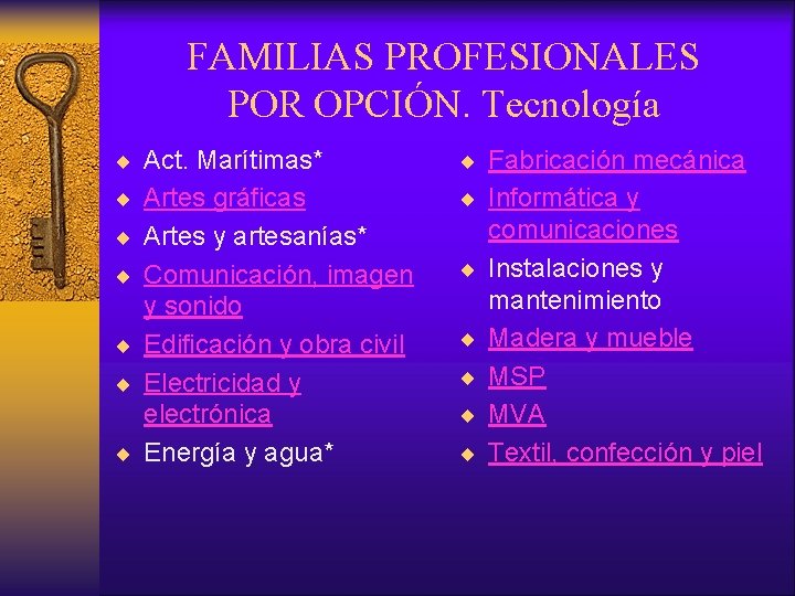 FAMILIAS PROFESIONALES POR OPCIÓN. Tecnología ¨ Act. Marítimas* ¨ Fabricación mecánica ¨ Artes gráficas