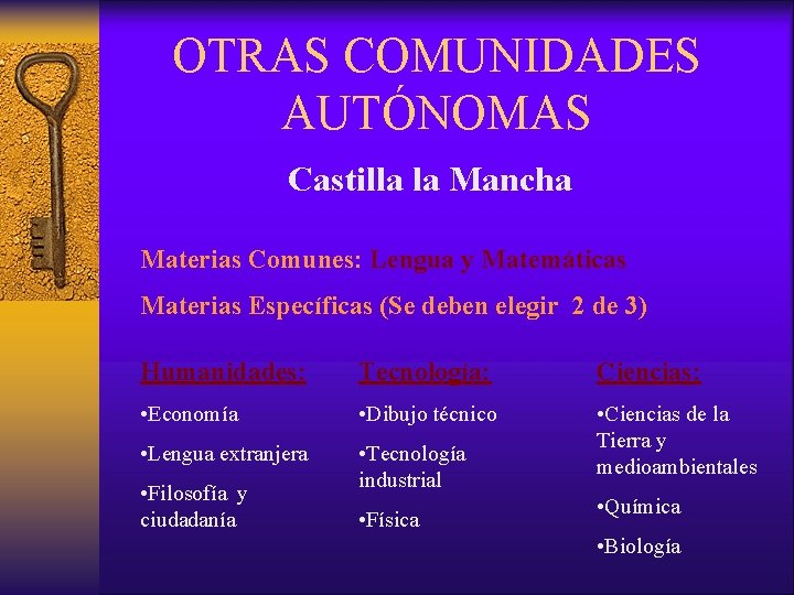 OTRAS COMUNIDADES AUTÓNOMAS Castilla la Mancha Materias Comunes: Lengua y Matemáticas Materias Específicas (Se