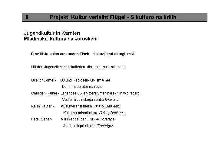 6 Projekt Kultur verleiht Flügel - S kulturo na krilih Jugendkultur in Kärnten Mladinska