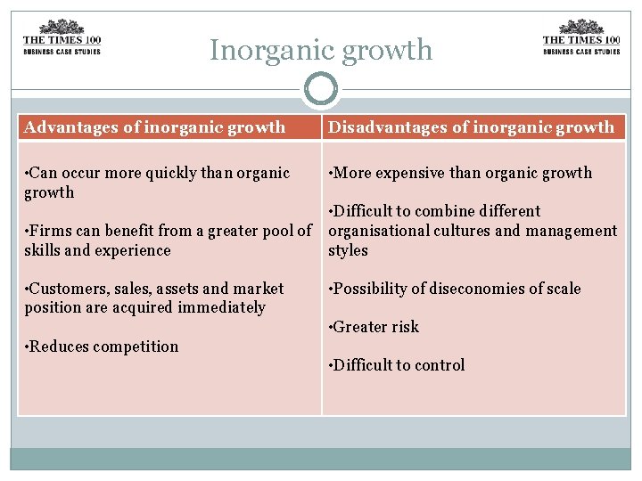 Inorganic growth Advantages of inorganic growth Disadvantages of inorganic growth • Can occur more